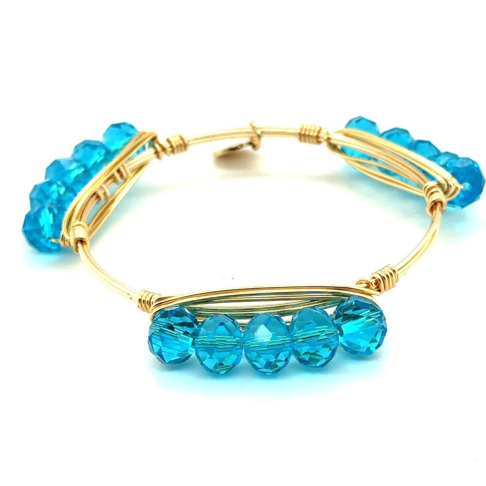 Bourbon and Boweties Turquoise Blue Glass Bead Gold Wire Wrapped Bangle Bracelet